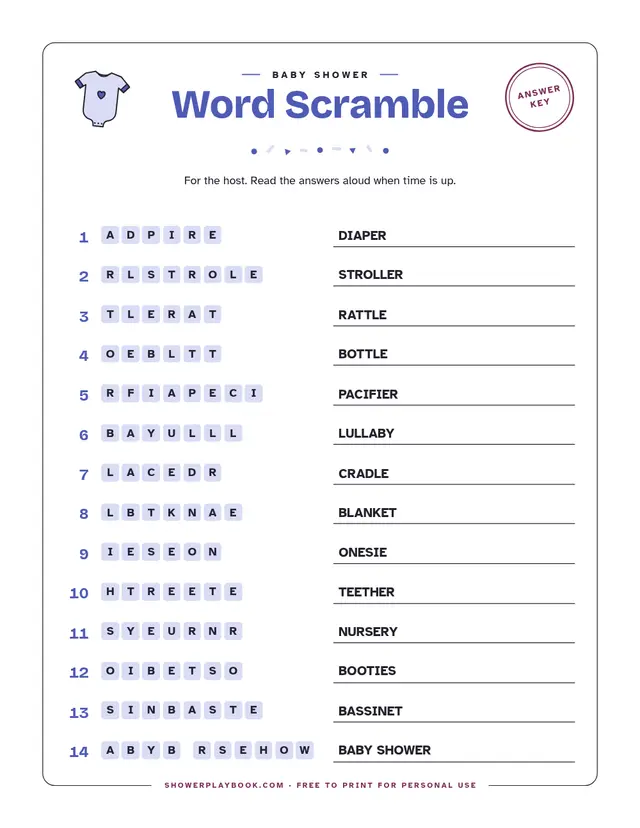 Word scramble answer key with the 14 unscrambled baby words