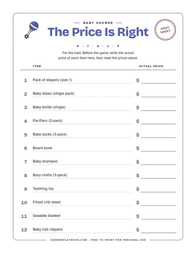 Host price sheet with a line to write the real price of each item