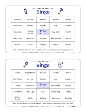 Baby shower bingo sheet with two cards
