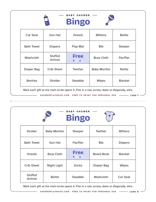 Baby shower bingo sheet with two cards of gift words and a free square in the middle