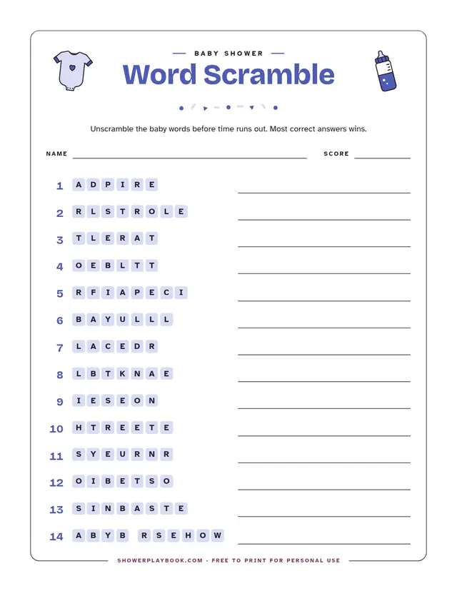 Baby shower word scramble sheet with 14 rows of scrambled letter tiles