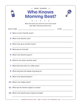 Who Knows Mommy Best quiz sheet