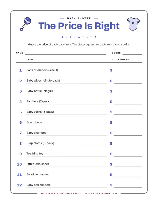 The Price Is Right guest sheet with 12 baby items and a line for each price guess