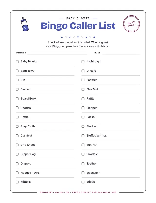 Bingo caller list with a checkbox next to every gift word