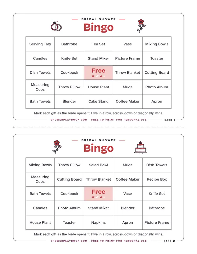 Bridal shower bingo sheet with two cards of gift words and a free square in the middle