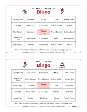 Bridal shower bingo sheet with two cards