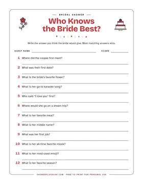 Who Knows the Bride Best quiz sheet