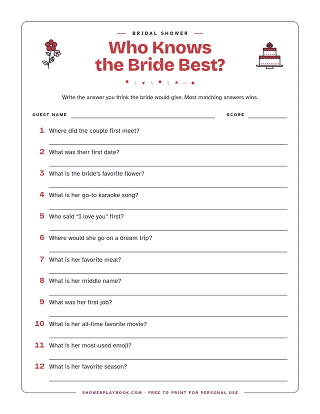 Who Knows the Bride Best quiz sheet with 12 questions about the bride