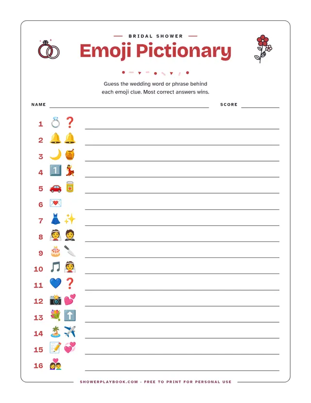 Bridal shower emoji pictionary sheet with 16 numbered emoji clues and answer lines