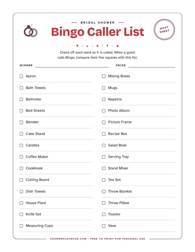 Bingo caller list with a checkbox next to every gift word
